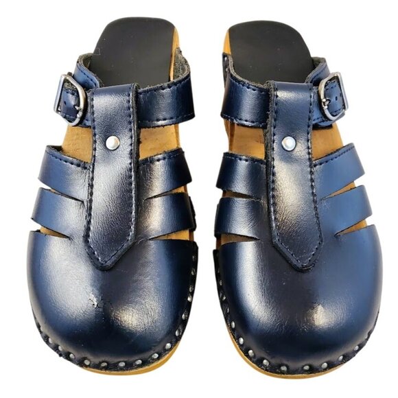 Troentorp Swedish Leather Clogs Navy Cut-Out Wood Sole Sandals Size 36 - Picture 2 of 11